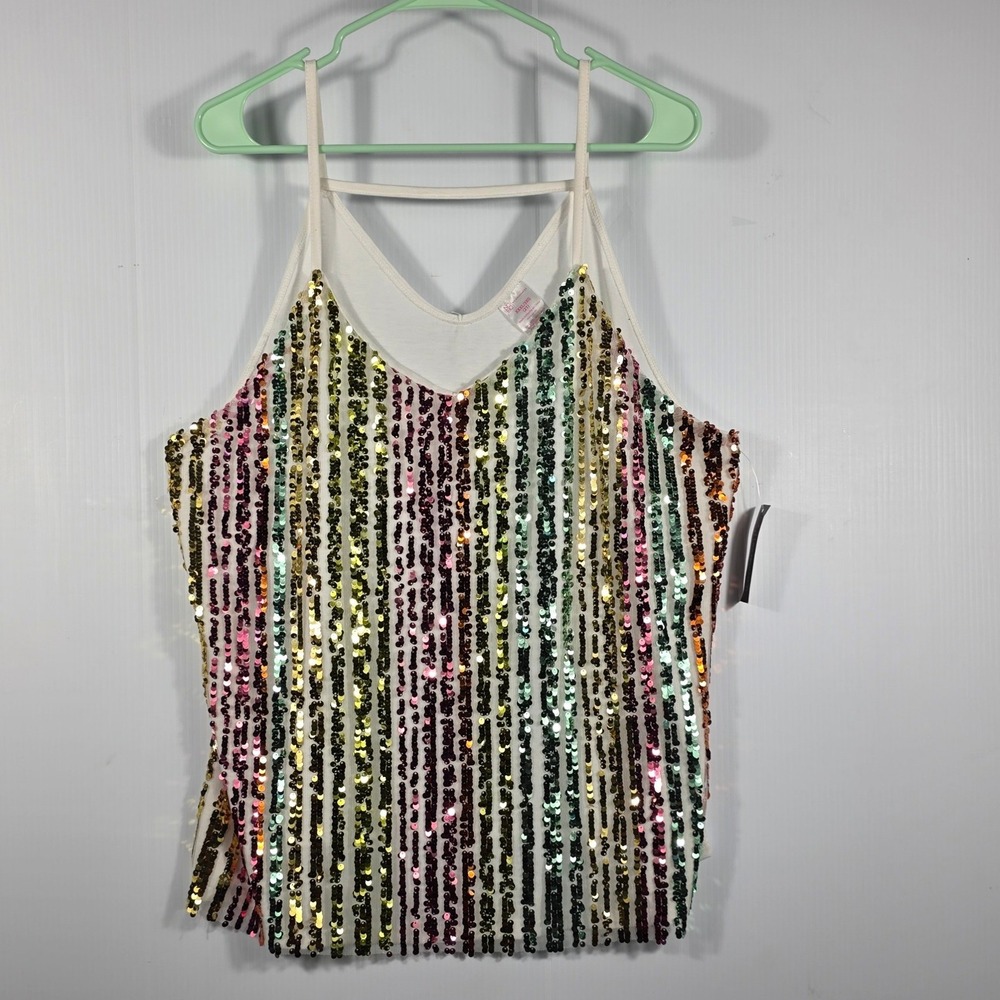 No Boundaries Rainbow Sequin Cami Tank Top V-Neck White Plus Size XXXL 3XG NEW - Picture 2 of 8